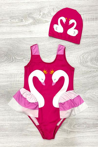 My Kids Wear Elegant Swan Print Three Layers Ruffle Detailed Boned Girls' Swimsuit