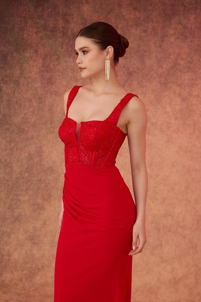 Carmen Rochie de seara din sifon brodata rosie