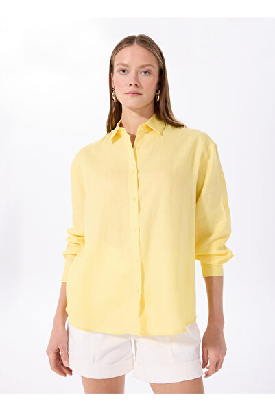 Fabrika Oversize Gömlek Yaka Düz Sarı Kadın Gömlek F5SL-GML0030