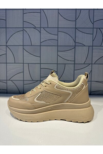 Anıl Ayakkabı ALV 845 Kadın BEJ Simli Parlak Detay Taşlı Bağcıklı Dolgu Yüksek Tabanlı Sneaker Spor Ayakkabı