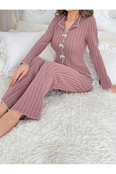 BELLA NOTTE Gül Kurusu Uzun Kollu Fırfırlı Pijama Takımı