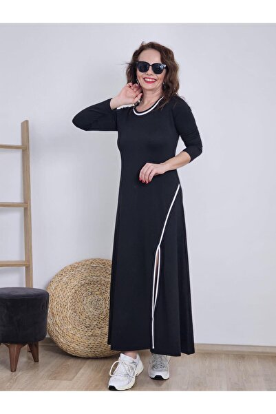 Felix Butik FELİX13217 Yaka Yırtmaç Beyaz Şeritli Siyah Uzun Elbise