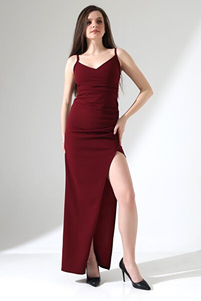 Deafox Burgundy Imported Crepe Fabric Thin Straps Double Breasted Neckline Slit Dress