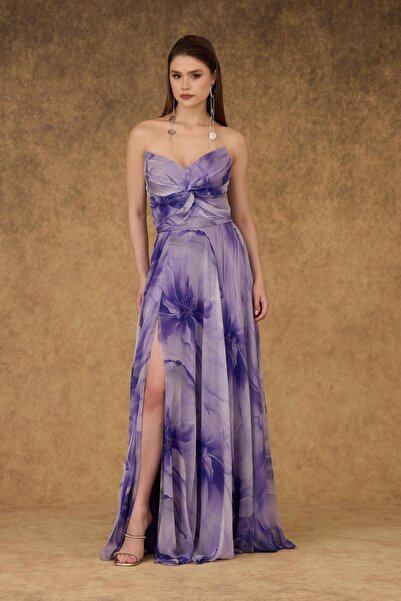 Carmen Mor Straplez Yırtmaçlı Empirme Şifon Abiye Elbise