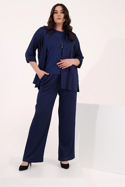 SERTUĞ Tren42Plus Large Size Geometric Patterned Sleeve Epaulet Detailed Indigo Double Suit