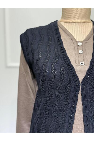 ModaMinar Triko Ajurlu Cepli Ve Kopçalı Büyük Bedenli Anne Yeleği