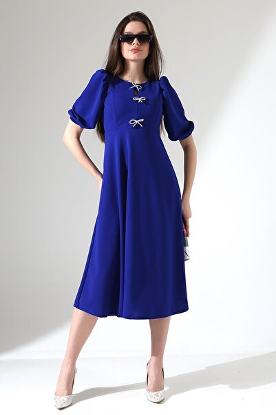 Deafox Saks Crepe Fabric Bow Detail mélyen dekoltált midi ruha