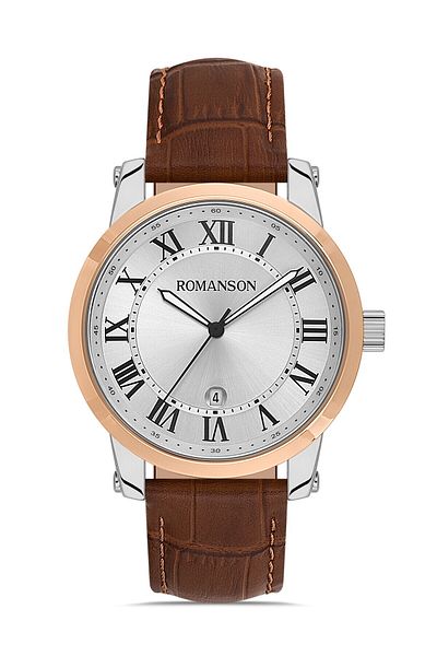 Romanson Tl0334Mm1Jbs5B Leather Cord Rose Gold Silver Color Roman Numeral Classic Men's Wristwatch