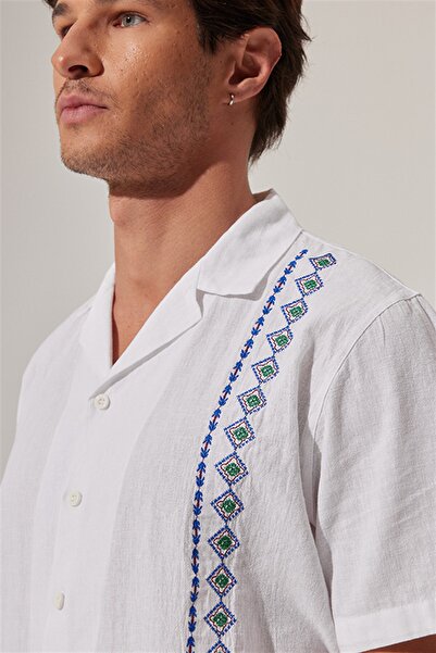 White By Nature Embroidery Embroidered Short Sleeve Men's Shirt