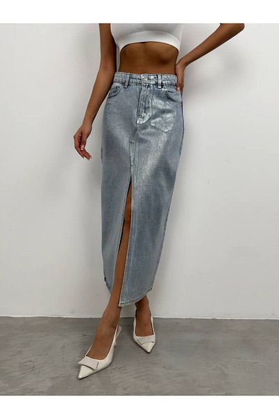 vuvutasarım Fusta maxi din denim pentru femei, imprimată cu folie, cu nasturi și buzunare 23W02028