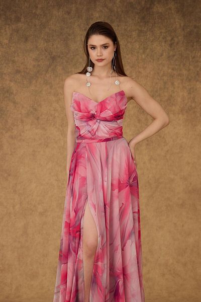 Carmen Fuchsia Strapless Slit Printed Chiffon Evening Dress
