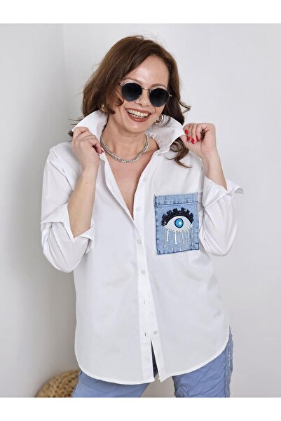 Felix Butik FELİX13218 Sırt Cep Kot Detaylı Taş İşlemeli Beyaz Gömlek