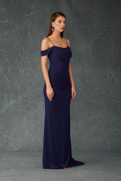 Carmen Navy Blue Strappy Long Chiffon Evening Dress