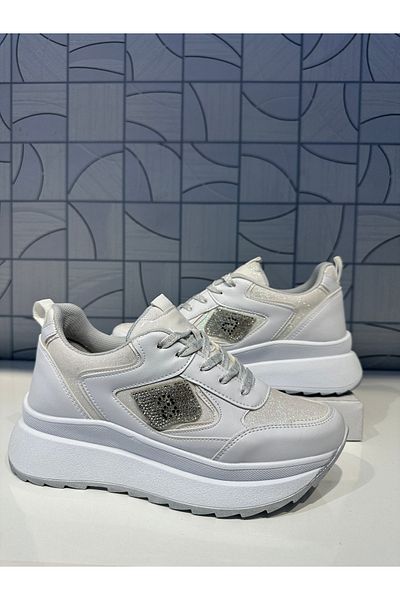 Anıl Ayakkabı ALV 845 Pantofi sport pentru femei, cu talpă înaltă, cu sclipici alb