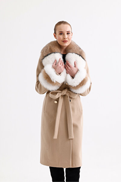 nero leather fur معطف نسائي بيج بختم، فرو مزدوج اللون (يمكن إزالة الفراء)