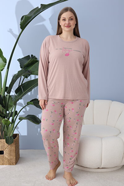 CALİA Women's Battal Milan Fabric Pajamas Set Plus Size Long Sleeve