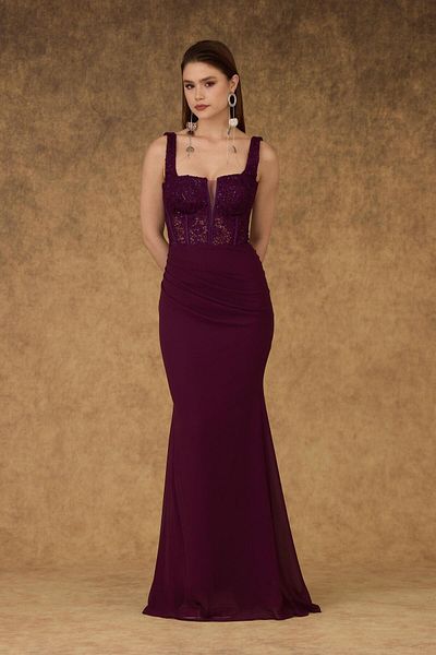 Carmen Purple Embroidered Chiffon Evening Dress
