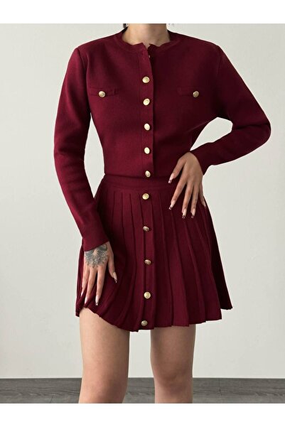 DEMİRBEY TEKSTİL Arany gombos kötöttáru, hajtogatott kardigán szoknya szett