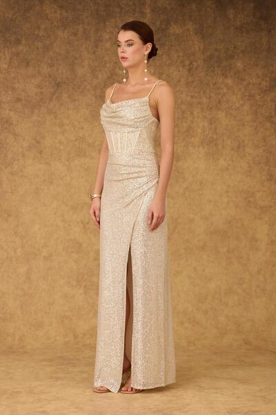 Carmen Ekru Askılı Yırtmaçlı Payetli Abiye Elbise