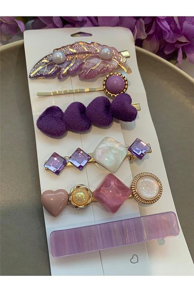 Pelin Aksesuar Set de 6 catarame violet cu pene și inimă