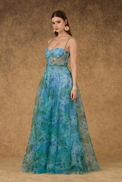 Carmen Yeşil Empirme Straplez Uzun Abiye Elbise