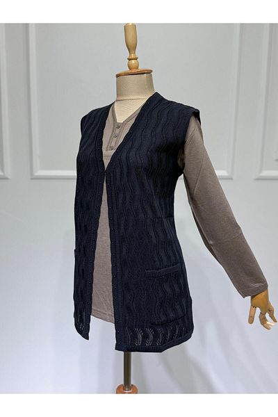 ModaMinar Knitwear Openwork Pockets And Buckle Oversized Mother Vest