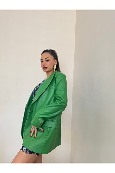 Gamze Ege Fashion Yeşil Deri Ceket