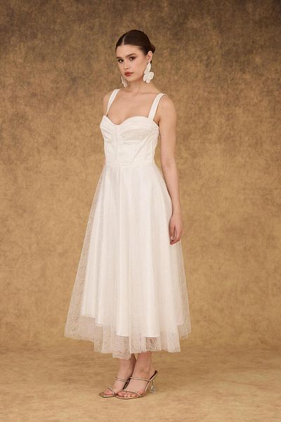 Carmen Ecru Back Tied Glitter Tulle Midi Wedding Dress
