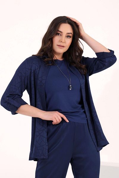 SERTUĞ Tren42Plus Large Size Geometric Patterned Sleeve Epaulet Detailed Indigo Double Suit