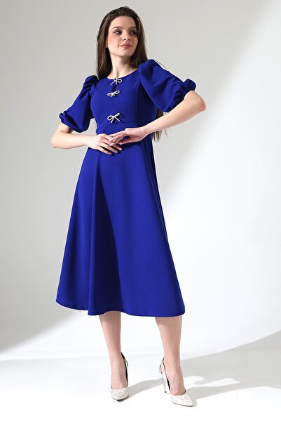 Deafox Saks Crepe Fabric Bow Detail mélyen dekoltált midi ruha