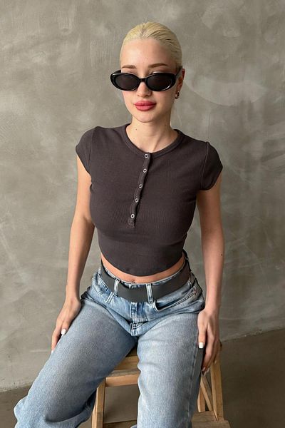 Madmext Γυναικείο μπλουζάκι καπνιστό Henley Snap MG2306