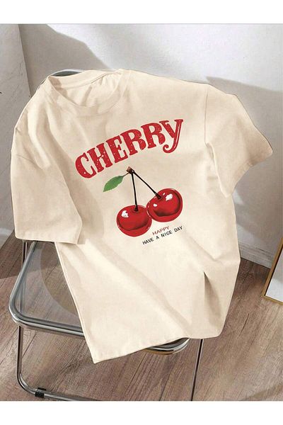 Benisengiydir Women's Beige Cheerry Printed Crew Neck Tshirt