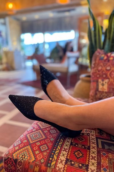 SHOEBELLAS Balerini de damă cu detaliu acoperit cu piatră neagră Petri