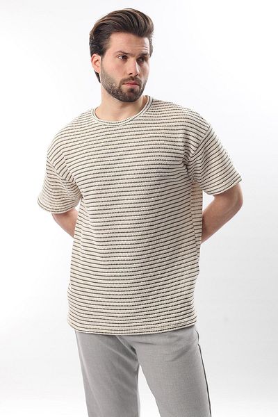 Madmext Ανδρικό μπλουζάκι Khaki Crew Neck Cotton ριγέ E7121