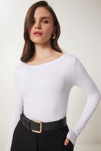 Lovelyİstanbul Basic Knitted Blouse - Boat Neck, White Lus0071