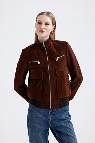 nero leather fur Brown Suede Women's College Jacket