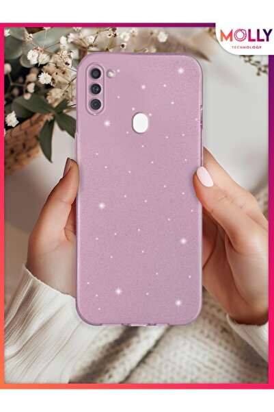 Molly Samsung Galaxy A11 İçin Gül Kurusu Berry Simli Parlak Silikon Kılıf