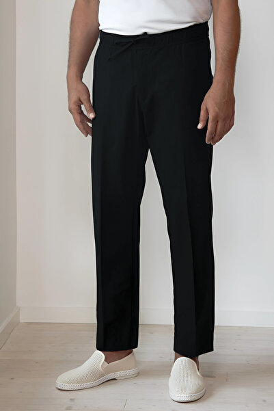 YAKAMEL Men's Woven Fabric Elastic Waist Lace-Up Fabric Comfortable School Pants