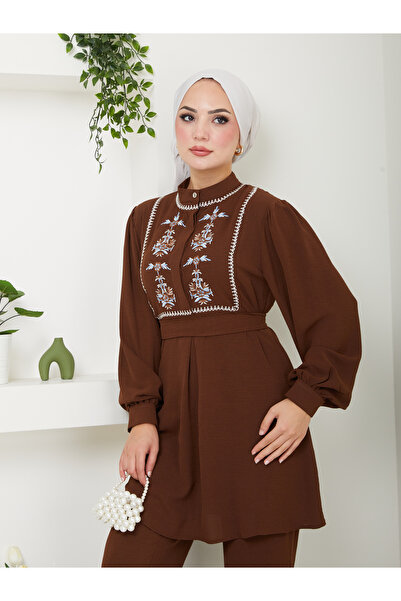 EFSUN MODA Тестерски костюм Ayrobin 637, цвят кафе, бродиран