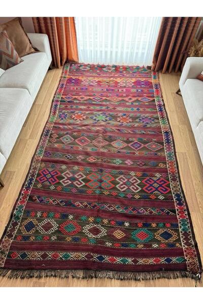 DesignEv 167x331 cm Türk Kilim Halısı, Canlı Renkler ve Koçboynuzu Motifi, El...