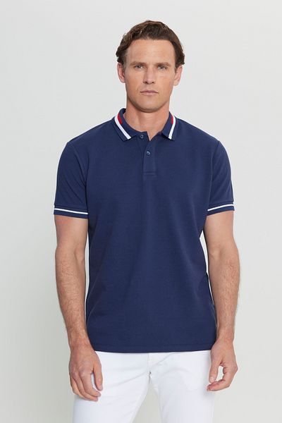 AC&Co / Altınyıldız Classics Pánské triko polo s výstřihem ze 100% bavlny v úzkém střihu v námořnické modré Slim Fit