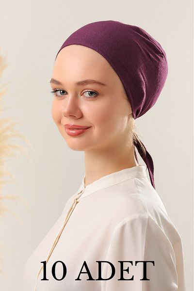 Melodi Scarf Μωβ Hijab Ραμμένο Γυναικείο Χτενισμένο Βαμβακερό Σετ Καπό - 10 Τεμάχια με Γραβάτα