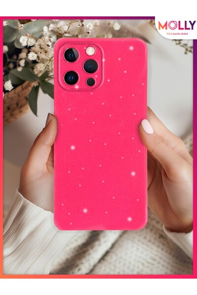 Molly iPhone 13 Pro İçin Neon Pembe Berry Simli Parlak Silikon Kılıf