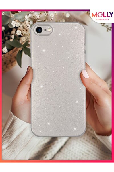 Molly iPhone SE 2022 İçin Gümüş Berry Simli Parlak Silikon Kılıf