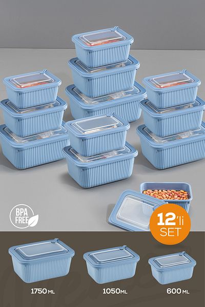 Vienev Set of 12 Vip Rectangular Microwave and Diffracted Suitable Storage Containers Blue 4X(1750,1050,600 ml)
