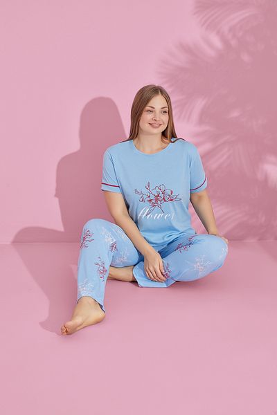 Prestij İç Giyim Set de pijamale pentru femei, din bumbac, cu mâneci scurte, cu decolteu, cu detaliu text