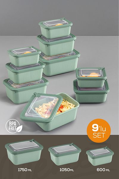 Vienev 9-Piece Vip Rectangular Microwave and Diffracted Suitable Storage Container Set Green 3X(1750,1050,600 ml)