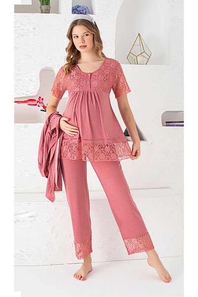 JENİKA Maternity Long Sleeve Dressing Gown Lace Detail 3 Piece Pajama Set