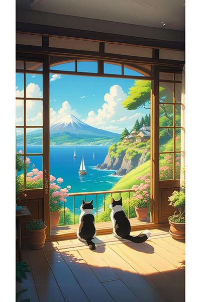 pixartsanat 40X60 Pixart Art Diamond Mosaic Painting - Cats Watching Landscape