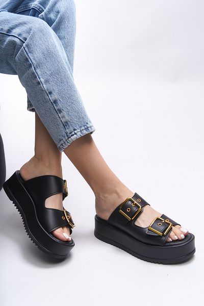 Riccon Winledha 001278   Model Papuci Negri pentru Dama - Catarama Dubla